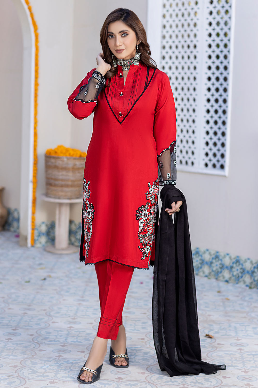 Red Embroidered Viscose Suit-2557