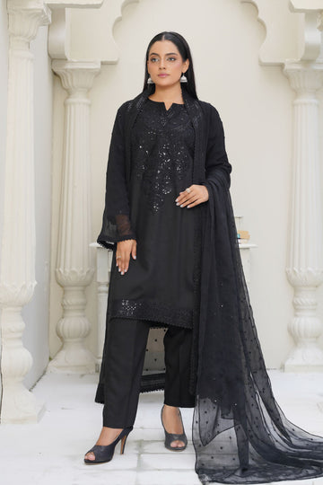 Embroidered Black Chiffon Gown-7078