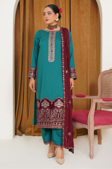 Embroidered Viscouse Velvet Suit - 7088