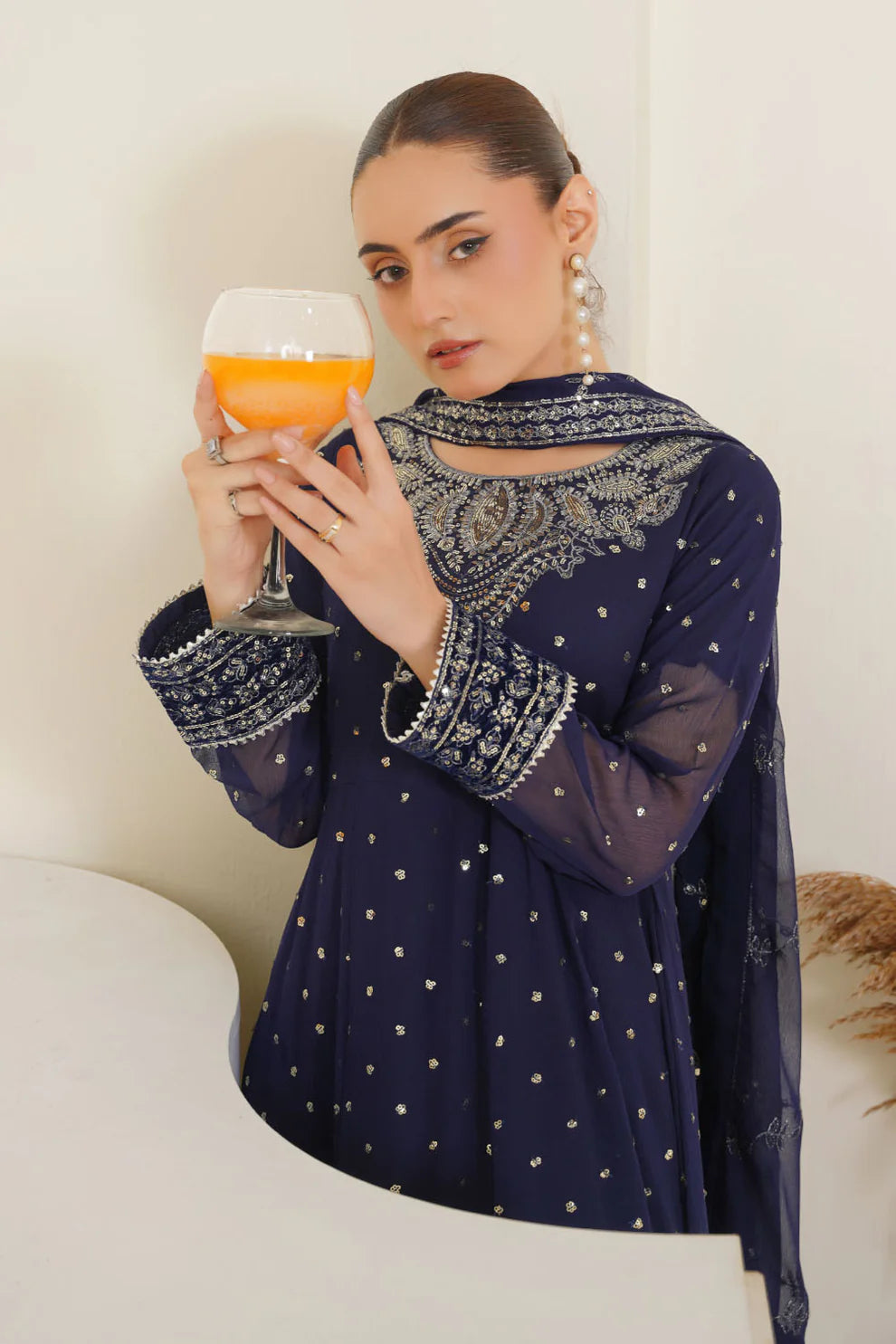 Embroidered Chiffon Long Frock Design in Blue Color