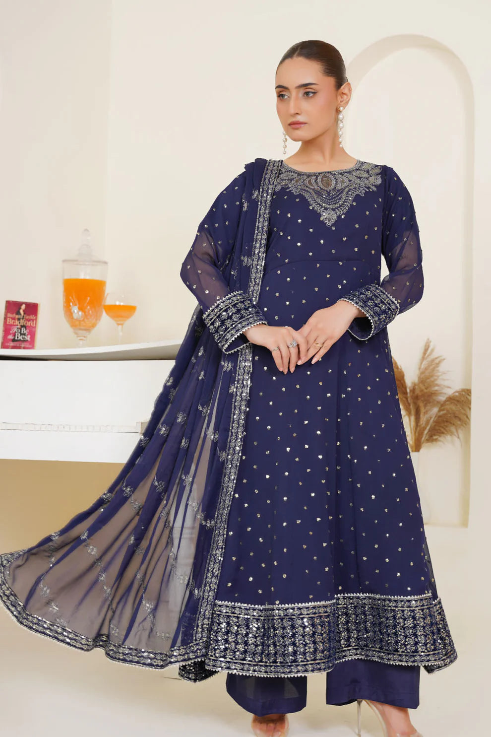 Embroidered Chiffon Long Frock Design in Blue Color