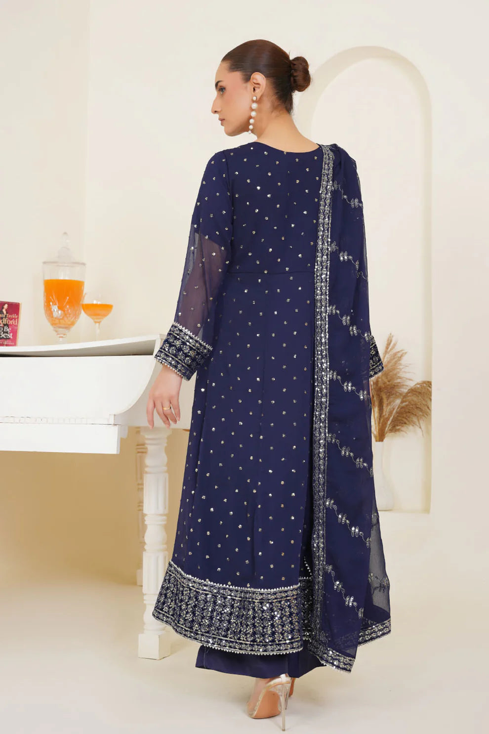 Embroidered Chiffon Long Frock Design in Blue Color