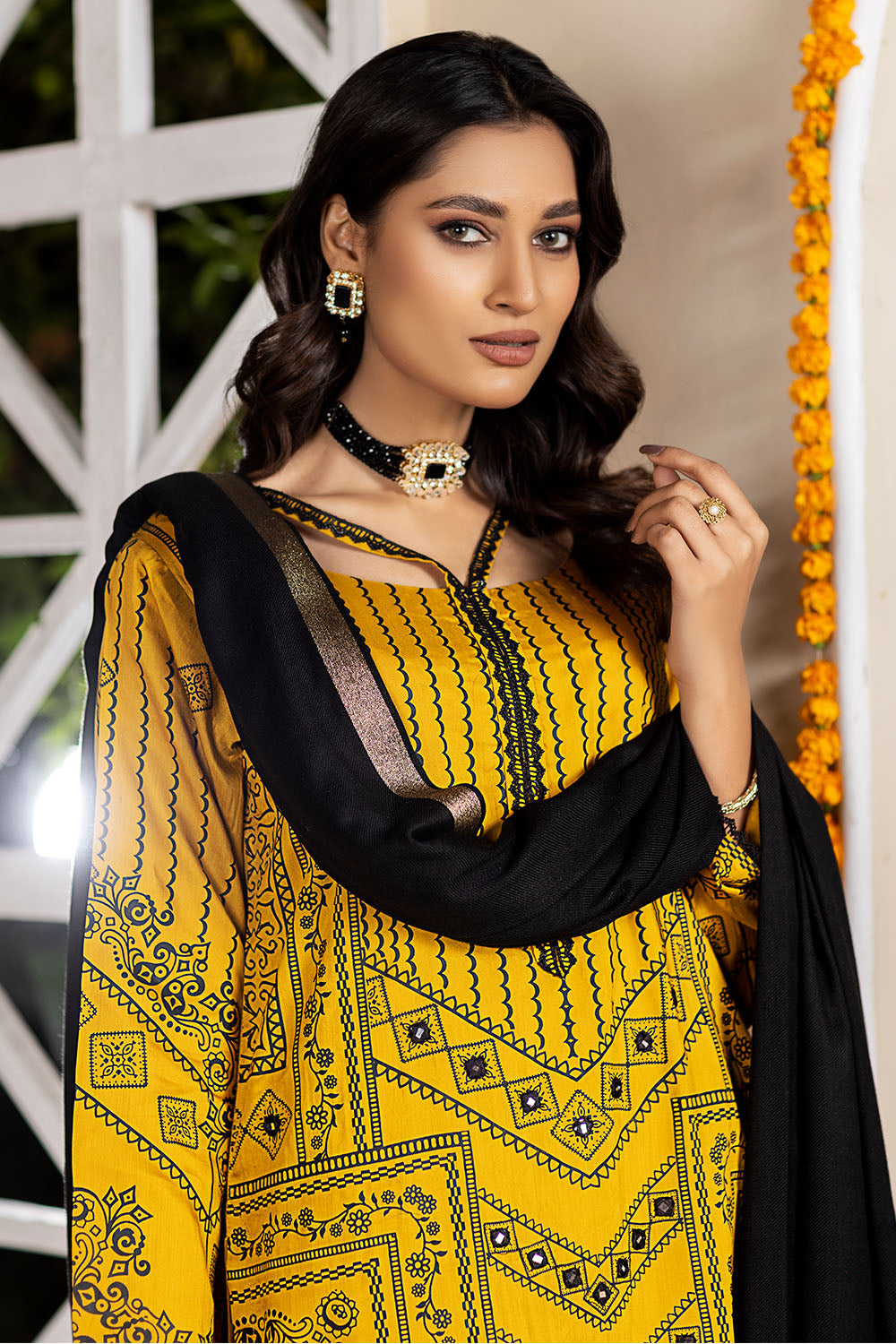 Mustard Embroidered Viscose Suit -2553
